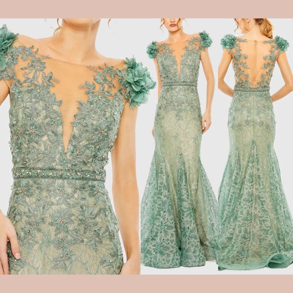 NWT‎ Mac Duggal [ 18 ] 79368 Embroidered Illusion Applique Trumpet Gown Sage
